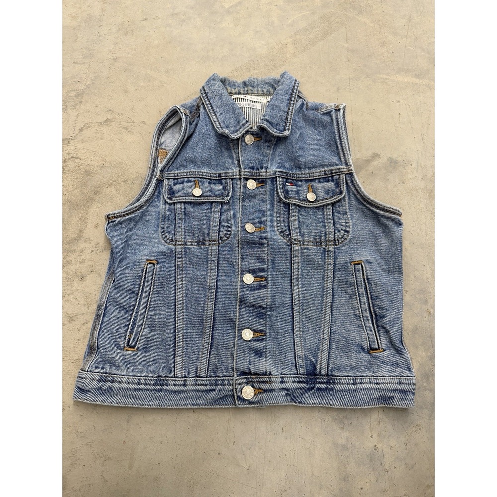Tommy Hilfiger Women's Size M Blue Denim Button Front Sleeveless Jean Vest Logo